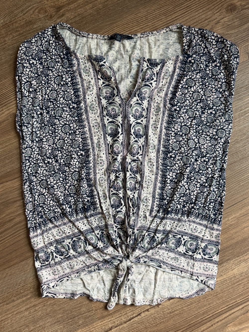 Lucky Brand Boho Print Tie-Front Women's Top - Navy cream pink